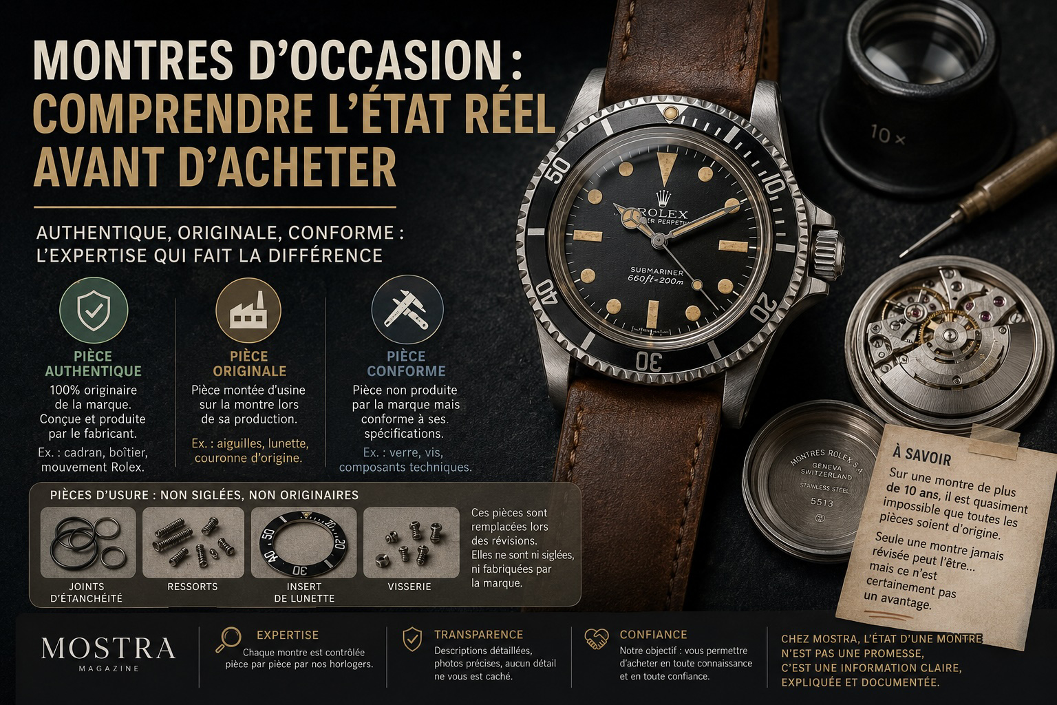 Détail d’une montre d’occasion de collection expertisée par Mostra, cadran, boîtier et mouvement contrôlés